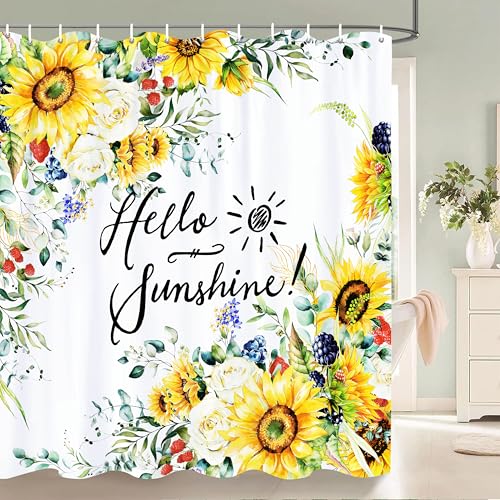Miffrank Hello Sunshine Shower Curtain Summer Sunflower Shower Curtain Set for Bathroom Decor Waterproof Machine Washable Shower Curtains with 12 Hooks, 72x72 Inch