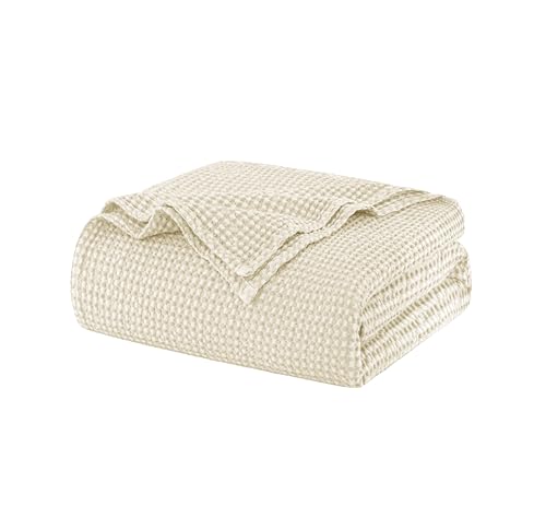 Talasily 100% Cotton Blanket Queen Size for Bed - Lightweight & Breathable All Season Bedding -Soft Waffle Weave Blanket,Machine Washable,Beige,90x90 Inches