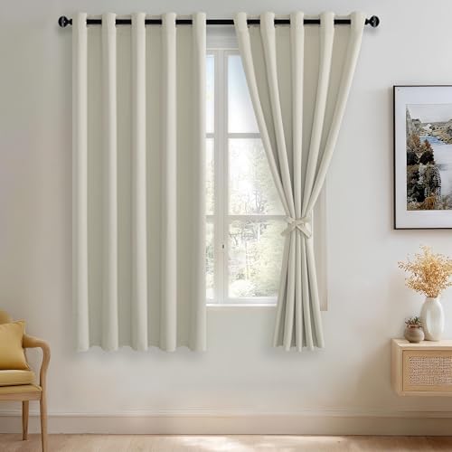 JIUZHEN Ivory Blackout Curtains with Tiebacks - Thermal Insulated, Light Blocking and Noise Reducing Grommet Curtains for Bedroom and Living Room, Set of 2 Window Curtain Panels, 60 x 63 Inch Length