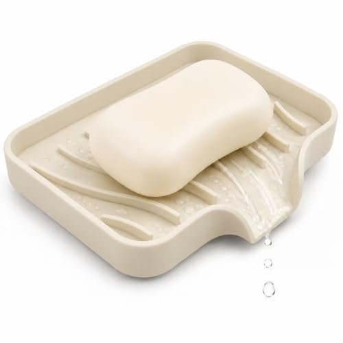 Silicone Soap Dish, Self Draining Soap Holder, Anti-Slip Soap Tray, Beige - Soap Dish for Bathroom, Shower, Bathtub, Kitchen, Sink Countertop, Keep Soap Dry & Easy Cleaning