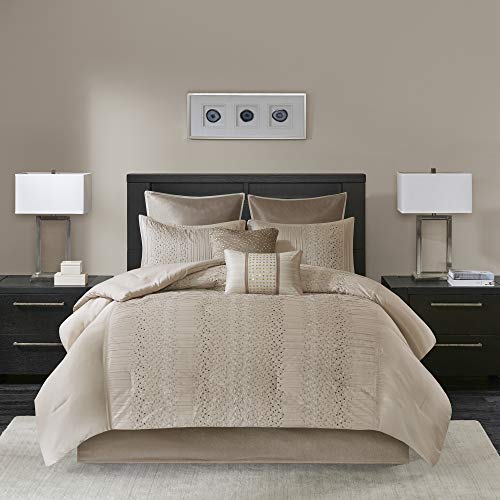"Madison Park All Season Down Alternative Luxury Bedding with Matching Shams, Decorative Pillows, Polyester, Geo Embroidery Natural, Cal King(104""x92"")"