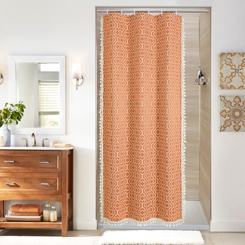 MitoVilla Orange Boho Small Stall Shower Curtain Set 36 x 72, Bohemia Geometric Half Size Narrow Cotton Fabric Shower Curtains for Farmhouse Bathroom Decor