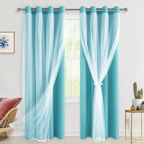 Hiasan Blackout Curtains with Sheer Overlay, Thermal Insulated Privacy Double Layer Mix & Match Grommet Window Curtains for Bedroom, Living Room, 2 Drape Panels with Tiebacks, Turquoise, 52W X 84L