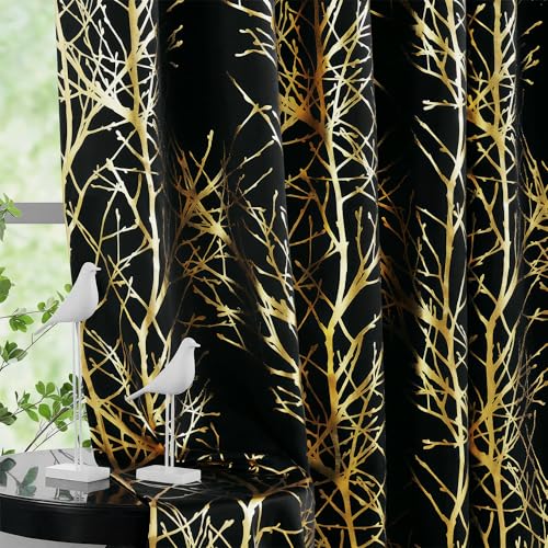 FMFUNCTEX 100% Blackout Curtains Bedroom Living Room Blackout Thermal Insulated 2 Panels Eyelet 84 Inch Drop Gold Foil Branches on Black Curtain
