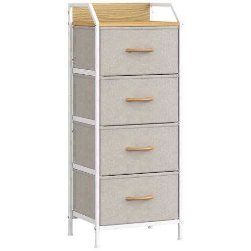 Feonase 4-Drawer Chest of Drawers with Metal Frame & Top Back Panel – Modern Fabric Storage Cabinet for Bedroom, Living Room, Small Spaces (43x30x97cm, Khaki)