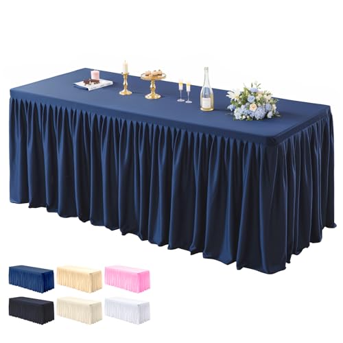 PARTISKY 1 Pack Navy Blue Tablecloths for Rectangle Tables 8ft, Wrinkle Resistant Navy Blue Table Cover Fitted Stretch Table Cloth with Pleated Ruffle Skirts for Party Banquet Dining Birthday Wedding