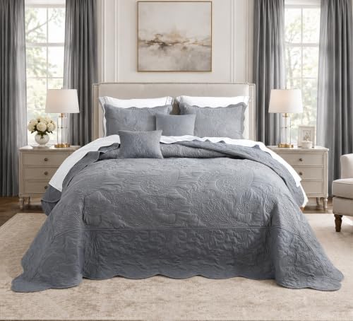 HZ & HY Oversized Alaskan King Bedspread 138x122, Paisley, Ultimate Gray - Extra Wide Coverage, 5-Piece Quilt Set, Lightweight Reversible Coverlet, Scalloped Edge, Modern Classic Look