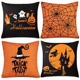 "Whaline 4 Pieces Halloween Pillow Case, Orange and Black Pillow Cover, Happy Halloween Linen Sofa Bed Throw Cushion Cover Decoration (18"" x 18"")"
