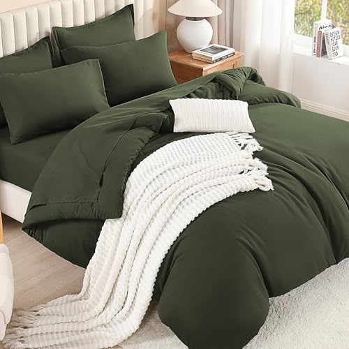 Litanika Dark Olive Green King Size Bedding Comforter Set - 7 Pieces Bed in a Bag King Beddding Comforter Sets, Plain Lightweight Bed Set with Comforter, Sheets, Pillowcases & Shams