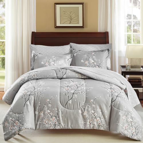 AIKASY Bed in a Bag 7 Pieces Queen Size - Floral Print - Soft Microfiber, Reversible Bed Comforter Set (1 Comforter, 2 Pillow Shams, 1 Flat Sheet, 1 Fitted Sheet, 2 Pillowcases)???Grey, Queen???