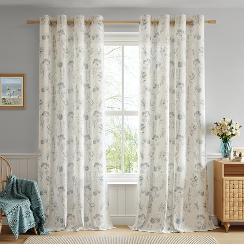 FMFUNCTEX Linen Curtains Floral Patterned Curtains for Bedroom Living Room, Blue Curtain 96 Inches Long Farmhouse, Light Filtering Beige Window Curtain Grommet Top 2 Panels Set