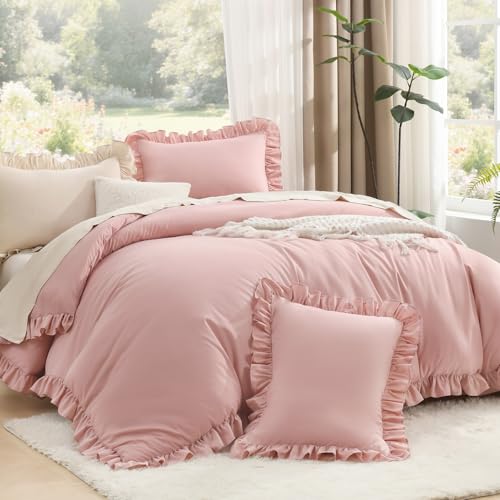 Litanika Queen Comforter Set, 3 Pieces Blush Ruffle Bedding Set - Farmhouse Shabby Chic Aesthetic Soft Fluffy Lightweight Breathable Bed Set for Girls Women Room Decor Gift All Season