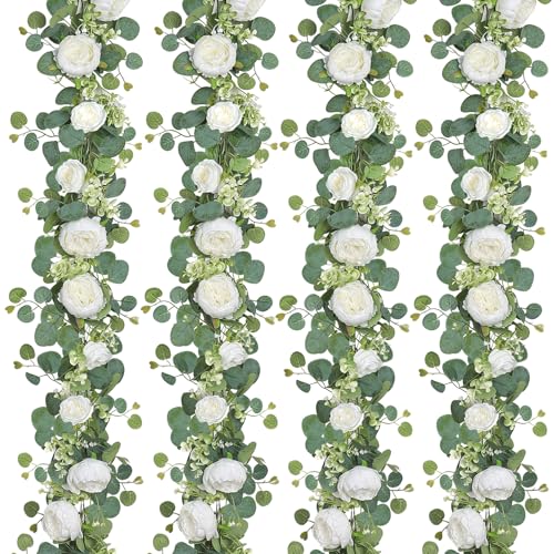 SOMYTING Artificial Flower Garland, Artificial Rose Vine Fake Flower Garland Silk Rose Peony Hanging Vine Faux Floral Garlands for Wedding Party Arch Table Wall Backdrop Decoration (White, 4PCS)