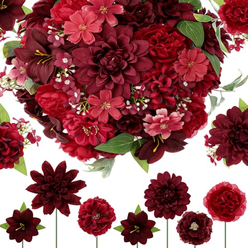 Janinka 100 Pcs Assorted Fake Flower Heads with Long Stem Mini Artificial Flower Bulk Mix Silk Faux Daisy for Crafts Fake Peony Rose for DIY Wedding Party Wreath Home Decoration (Red)