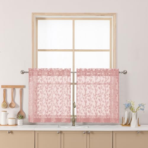 "Chyhomenyc Blush Pink Sheer Curtains 24 Inch Length, Light Filtering Leaf Tufted Textured Small Window Kitchen Curtain Over Sink, Short Half Window Curtains for Bathroom Basement, 30""Wx24""L, 2 Panels"
