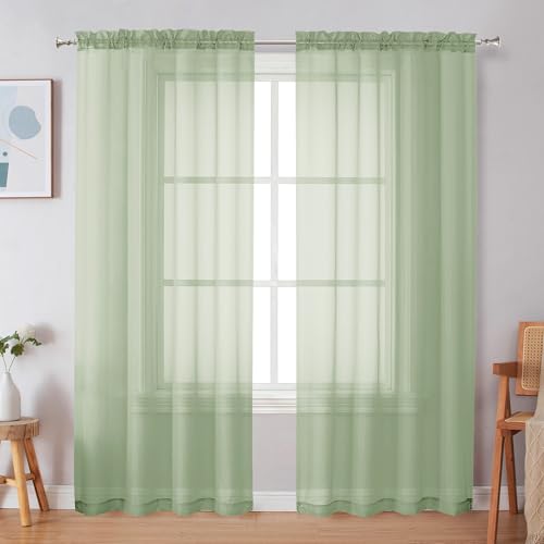 "Simplebrand Light Green Sheer Curtains 72 Inches Long 2 Panels for Living Room, Rod Pockets Airy Window Treatments Voile Sheer Curtains Panels Lightweight for Front Back Patio Glass Door, 42"" Width"