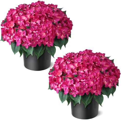 "2 Sets 22""Artificial Hydrangea Flower Topiary Trees for Porch(Rose Red) - with Pots,No Assembly Needed,Faux Silk Flower Potted Plant,for Front Door Farmhouse Garden Home Outdoor Spring Summer Decor"