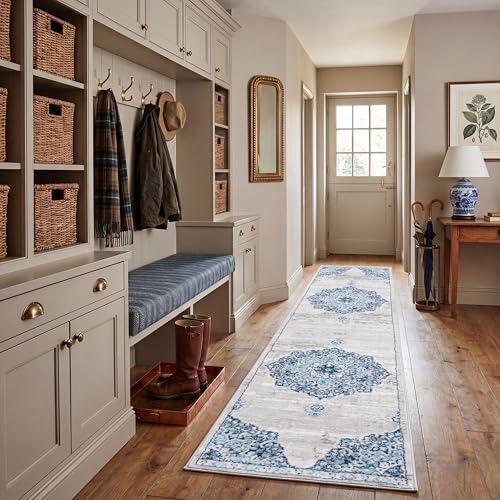 Safavieh Traditional Indoor Woven Runner Area Rug, Brentwood Collection, BNT849, in Navy / Grey, 61 X 244 cm for Living Room, Bedroom or Any Indoor Space
