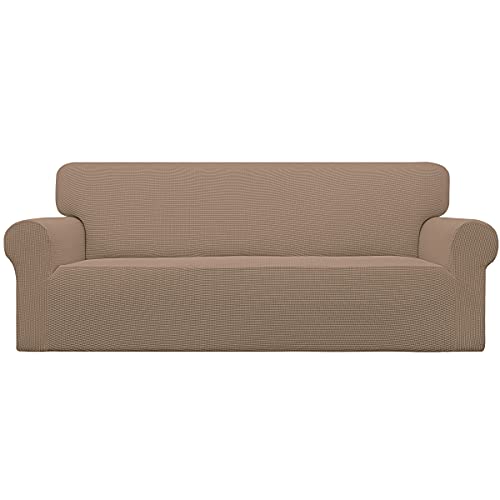 Easy-Going Stretch Sofa Slipcover 1-Piece Couch Sofa Cover Furniture Protector Soft with Elastic Bottom for Kids, Spandex Jacquard Fabric Small Checks(Oversized Sofa,Camel)