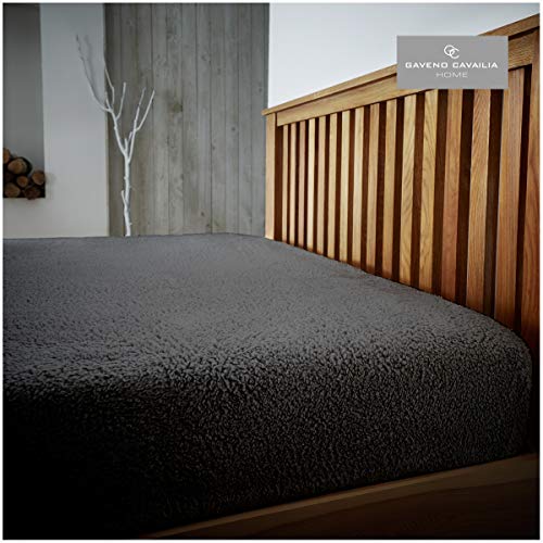 GC GAVENO CAVAILIA Premium Quality Teddy Plain Fitted, Luxury Easy Care Soft Linen Thermal Warm Fleece Bed Sheet, Kingsize, Charcoal, Polyester, King