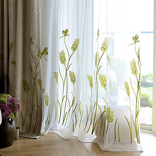 Melodieux Wheat Embroidery Sheer Curtain for Bedroom Living Room, Farmhouse Style Rod Pocket Voile Drape, Green Wheat/White Sheer, 52 by 96 Inch (1 Panel)