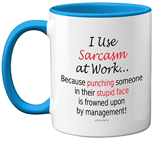 Funny Mugs for Men & Women, Christmas Birthday Present Idea - I Use Sarcasm at Work Novelty Mugs for Colleagues, Secret Santa Gifts, 11oz Dishwasher Safe Blue Handle Mug