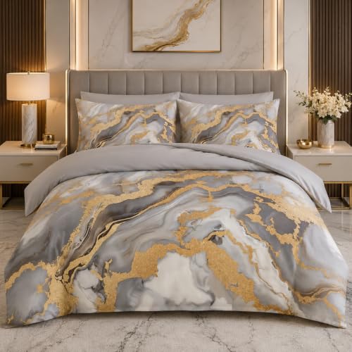 CCoutueChen Marble Comforter Set Queen Size for Adult Golden Metallic Bedding Set Abstract River Pattern - 3 Pieces Soft Fluffy Microfiber for All Seasons(Gilrs Women)