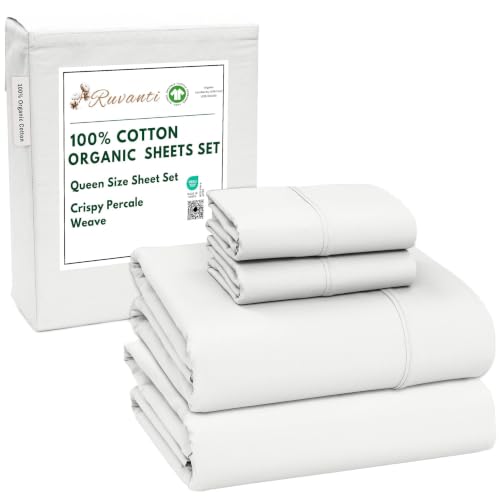 "Ruvanti 100% Organic Cotton Sheets Queen Size, Percale Weave, GOTS Certified, 4-Piece Set, Deep Pocket 15"", Crisp & Breathable, Soft Durable Bedding, S??banas Algod??n Org??nico ??? Bit of Blue"