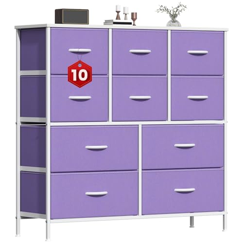 GoaHi Chest of Drawers, Large Dressers with Metal Frame and MDF Wooden Top Board, Adjustable Feet, Anti-Tip Safety, Storage Unit with 10 Drawers for Bedroom, Living Room, Closet, Office Purple