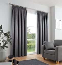 "Fusion Charcoal Grey Pencil Pleat Curtains W66 x L90"" (168x229cm) – 2 Panels – 100% Cotton Thermal Drapes – Soundproof Window Treatment for Bedroom – Dark Grey Pleated Design"