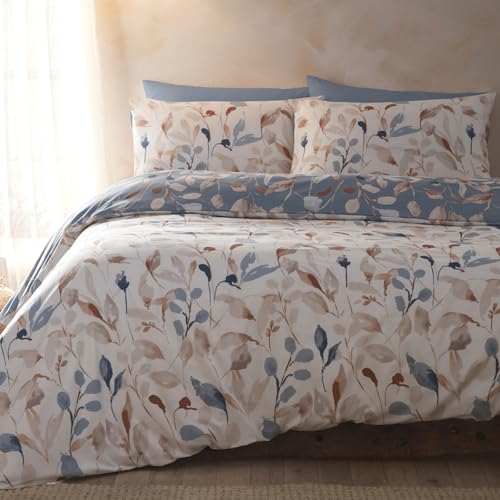 Drift Home - Eco-Friendly Floral Leaf Duvet Cover - Single Bedding Size (140 x 200cm) - Reversible Designs - Sustainable Recycled Cotton (BCI) - 1 Pillowcase - Blue/Natural Bedding with Leaf