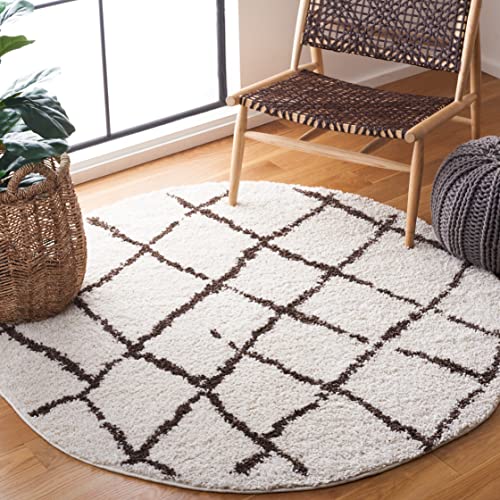 Safavieh Moroccan Shaggy Indoor Woven Round Area Rug, Berber Shag Collection, BER162, in Creme / Brown, 155 X 155 cm for Living Room, Bedroom or Any Indoor Space