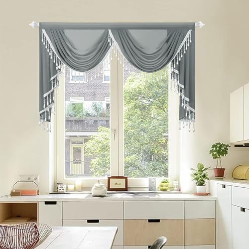 "Leeva Slate Grey Voile Valance, Double Swag Wide Waterfall Valance with Beaded Trim, 59"" Wide Sheer Curtain for Home Office & Study Room Windows"
