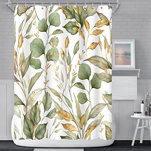 Umpoo Green Eucalyptus Leaves Bathroom Shower Curtain Tropical Leaf Nature Plant Shower Curtain Polyester Waterproof Fabric Modern Home Decor Bath Shower Curtain with Hooks, 72x72 Inch