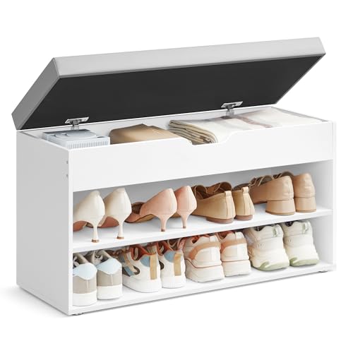 VASAGLE Shoe Bench with Cushion, Storage Bench with Padded Seat, Hallway Bench with 3 Compartments, 30 x 80 x 44 cm, for Bedroom, Living Room, Cloud White and Dove Grey LHS022WB02
