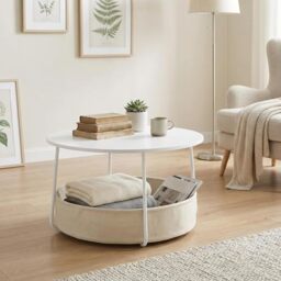 FurnitureR Round End Side Table with Storage Basket, 75 cm, Modern Living Room Table, White Metal Frame with Beige Fabric Storage