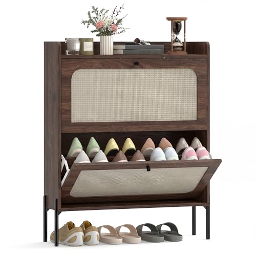 HOMCOM Narrow Shoe Cabinet, Boho Shoe Storage Cabinet with 2 Flip Drawers, Adjustable Shelves, Raised Tabletop, Rattan Accent for Hallway, Space Saving, Holds 12-16 Pairs, Dark Brown