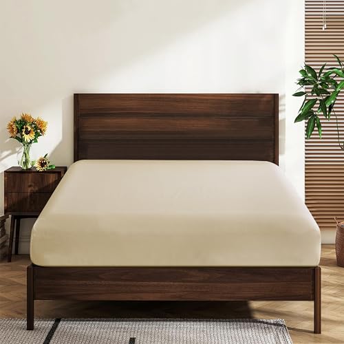 "2 Pack Queen Size 100% Egyptian Cotton Fitted Sheets 600 Thread Count 16"" Deep Pocket, Ultra-Soft Hotel Luxury, Durable, Breathable and Comfy Bottom Sheet (2Psc Queen Fitted Sheet, Beige)"