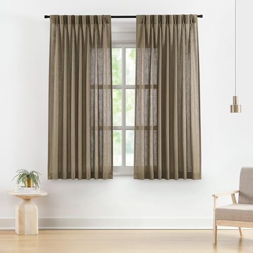 "Vision Home Brown Pinch Pleated Semi Sheer Curtains Textured Linen Blended Light Filtering Window Curtains 72 inch for Living Room Bedroom Pinch Pleat Drapes with Hooks 2 Panels 40"" Wx72 L"