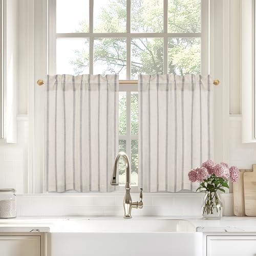DriftAway Kitchen Tier Curtains - Striped Linen Short Pinstripe Cafe Curtains 36 Inch Length for Living Room Bathroom Chris Farmhouse Rustic - Rod Pocket 2 Panels Gray