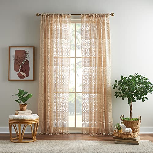 CHF Sheer Lace Vintage Tassel Fringe Window Curtain Bedroom, Living, Dorm Room, Rod Pocket, 1 Panel, Polyester, Almond, 84 in