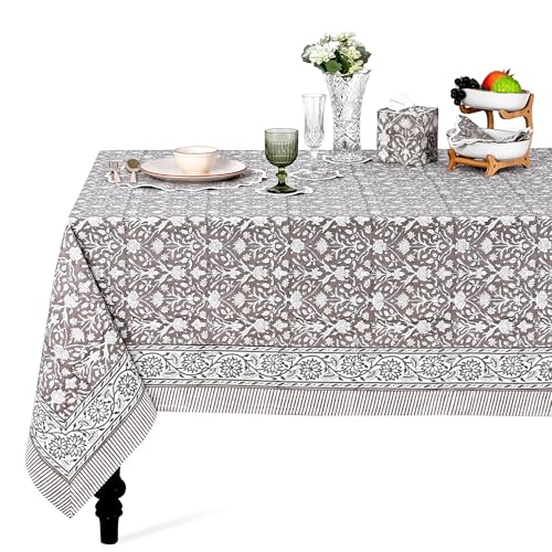 "Ridhi Taupe Hand Block Print Cotton Rectangle Tablecloth 190"" x 72"" inches Reusable Table Cover Decorative Everyday Use for Dining Room, Farmhouse, Home Gift for Spring, Mother's Day"