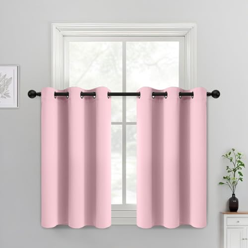 Yakamok Light Blocking Window Blackout Curtains Thermal Insulated Room Darkening Drapes for Bedroom,Solid Grommet Top Window Panels, 38x36 Inch, Pink, One Pair