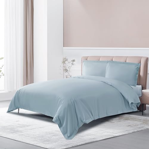 THE COTTON & SILK?? 100% Luxury Long-Staple Cotton Duvet Cover Set - Soft & Breathable - Include 1 Duvet Cover with Corner Ties & Hidden Zipper, 2 Pillow Shams - Misty Blue, King/California King Size