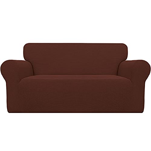 Easy-Going Stretch Loveseat Cover 1 Piece Sofa Cover Furniture Protector Soft with Elastic Bottom for Kids Polyester Spandex Jacquard Fabric Small Checks (Loveseat, Coffee)