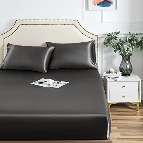 Satin Fitted Sheet, Full Fitted Sheet Only, 1 - Piece Ultra Soft Deep Pocket Single Silk Bottom Bed Sheet Full - Grey