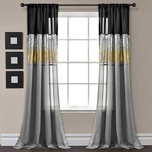 "Lush Decor Night Sky Window Curtain Panel, Single, 42"" W x 108"" L, Black & Gold - Sequin Curtains - Sparkle & Color Block Design - Modern Glam Decor - Extra Long Curtains For Bedroom & Living Room"