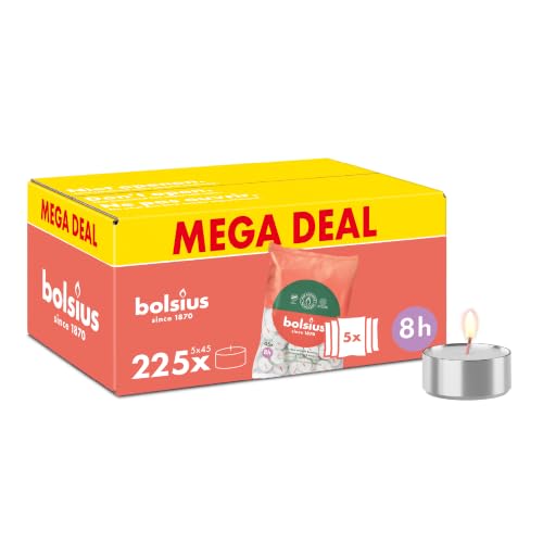 Bolsius - Bulk Pack Tea Lights - 225 Pieces - 8 Burning Hours - White - Contains Natural Plant Wax - Length Burning Time - Decorative Household Candles - Without Palm Oil