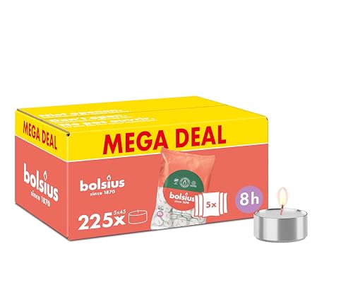 Bolsius - Bulk Pack Tea Lights - 225 Pieces - 8 Burning Hours - White - Contains Natural Plant Wax - Length Burning Time - Decorative Household Candles - Without Palm Oil