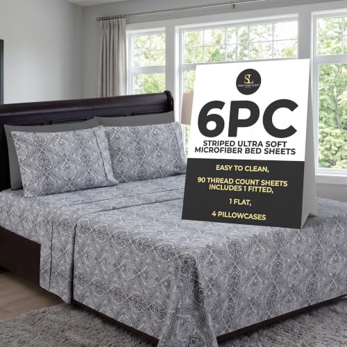 Spirit Linen Home 6-Piece Elegant Bed Sheet Set - King, Dark Grey Paisley - Deep Pocket Soft and Breathable Microfiber Material Bed Sheets with 1 Fitted Sheet, 1 Flat Sheet, and 4 Pillowcases included